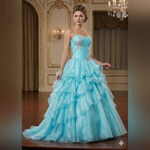 Mary's Bridal Strapless Aqua Ball Gown Prom Bridesmaid Dress Ruffled Skirt Sz 4